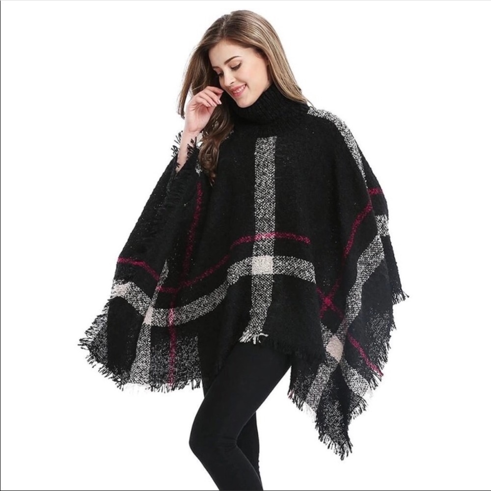 Black Plaid Turtleneck Poncho Cape - Picture 3 of 8